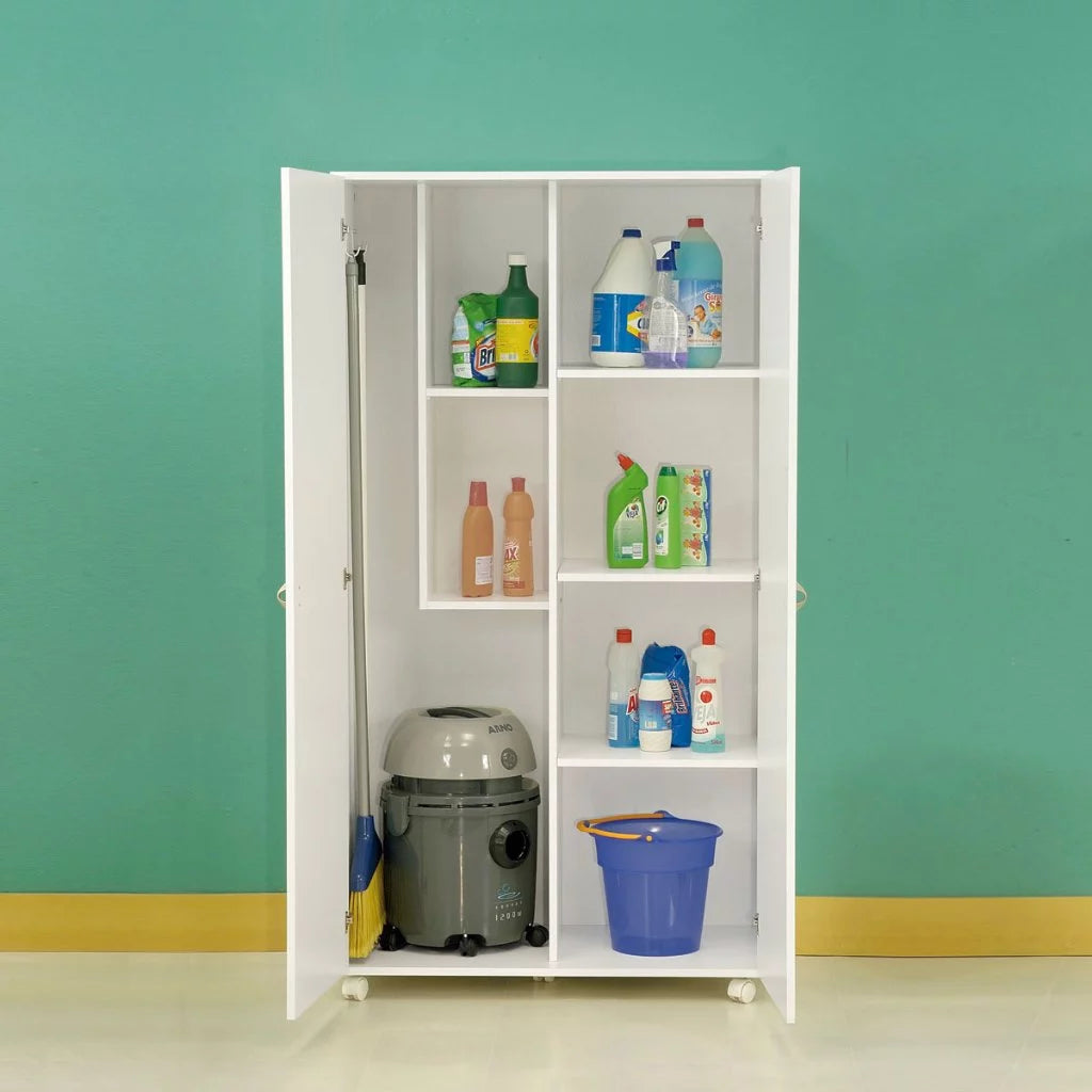 Armário Multiuso Alto 2 Portas com Rodízios e Nicho para Eletro - 100% MDF Branco [Organizador Universal]