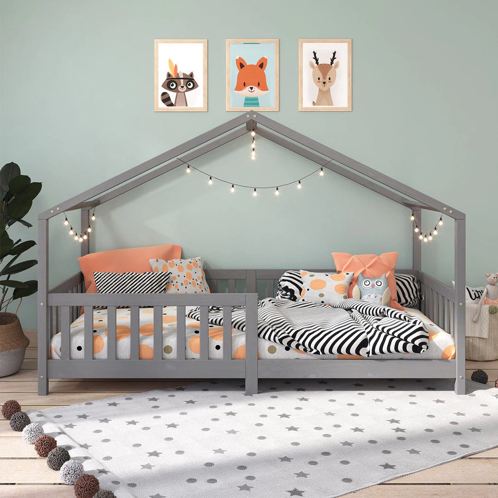 Cama Casinha Montessoriana Solteiro Lisan - 100% Madeira Maciça [Grade de Proteção 32cm]