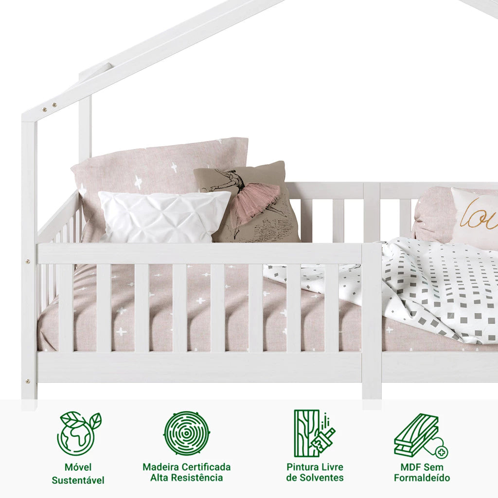 Cama Casinha Montessoriana Solteiro Lisan - 100% Madeira Maciça [Grade de Proteção 32cm]