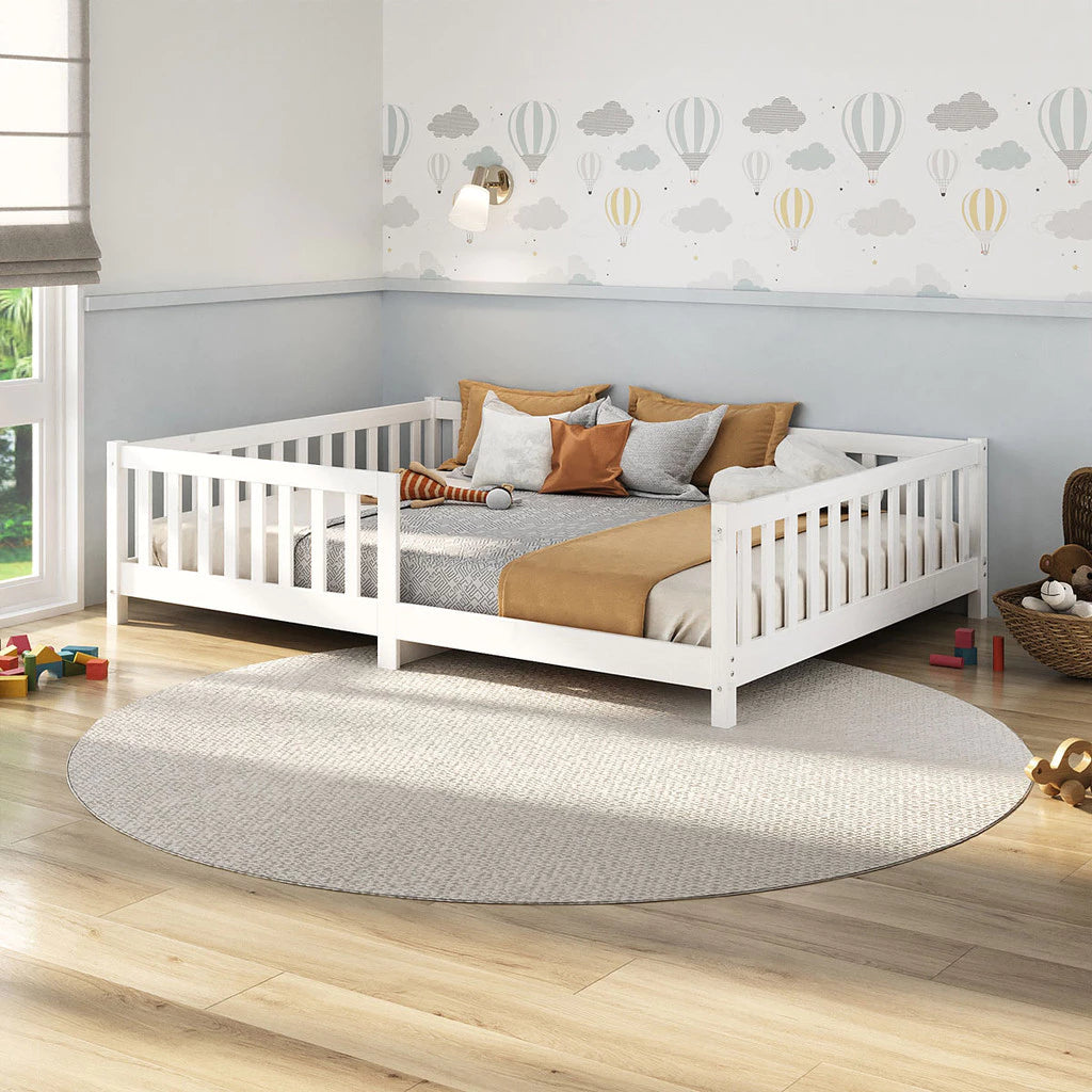 Cama Montessoriana Casal com Grade Eva - 100% Madeira Maciça Branca [Suporta 220kg]