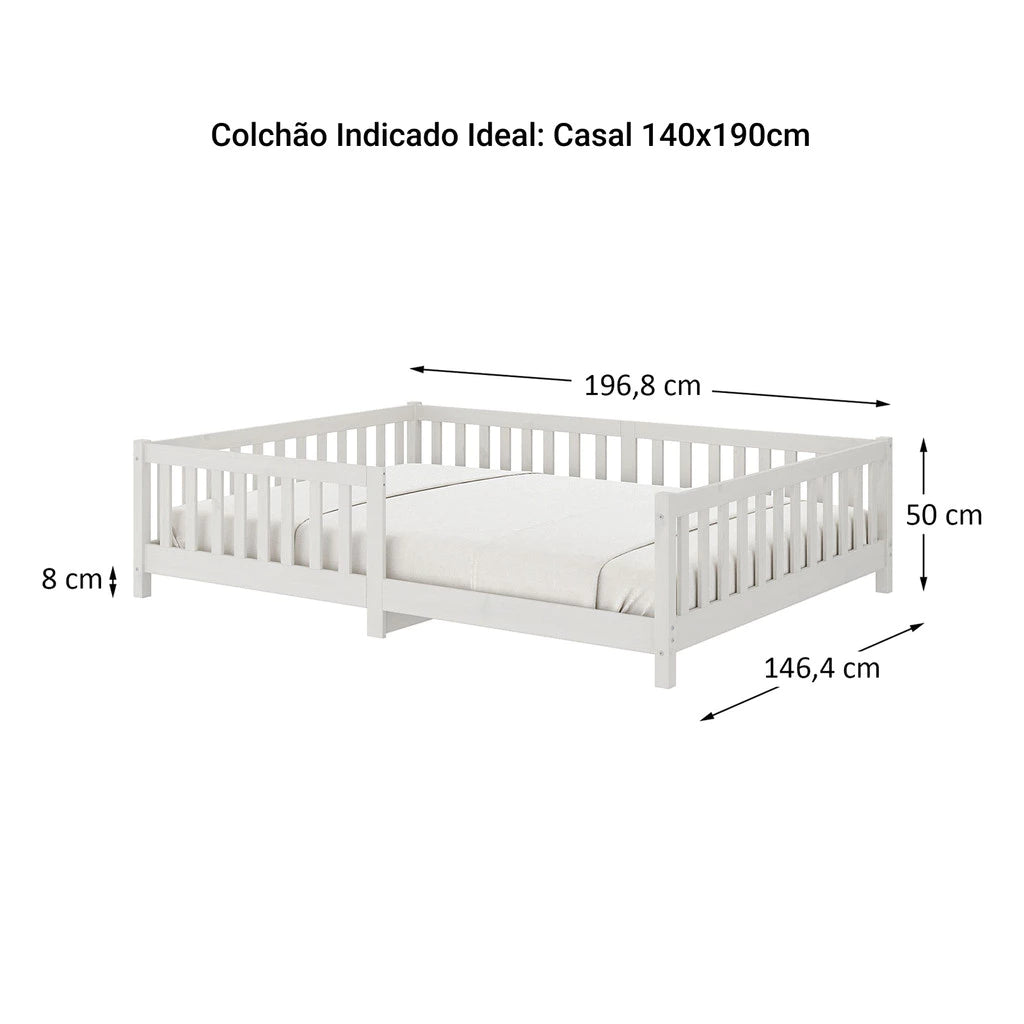Cama Montessoriana Casal com Grade Eva - 100% Madeira Maciça Branca [Suporta 220kg]