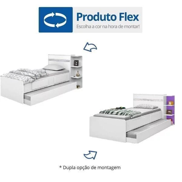 Cama Solteiro Multifuncional com Baú, 2 Gavetas e Auxiliar - 100% Madeira Maciça Branca [Jade Premium]