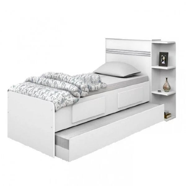 Cama Solteiro Multifuncional com Baú, 2 Gavetas e Auxiliar - 100% Madeira Maciça Branca [Jade Premium]