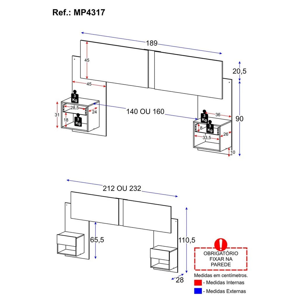 Cabeceira Extensível Casal/Queen com 2 Mesas de Cabeceira - 100% MDF [Kit Completo]
