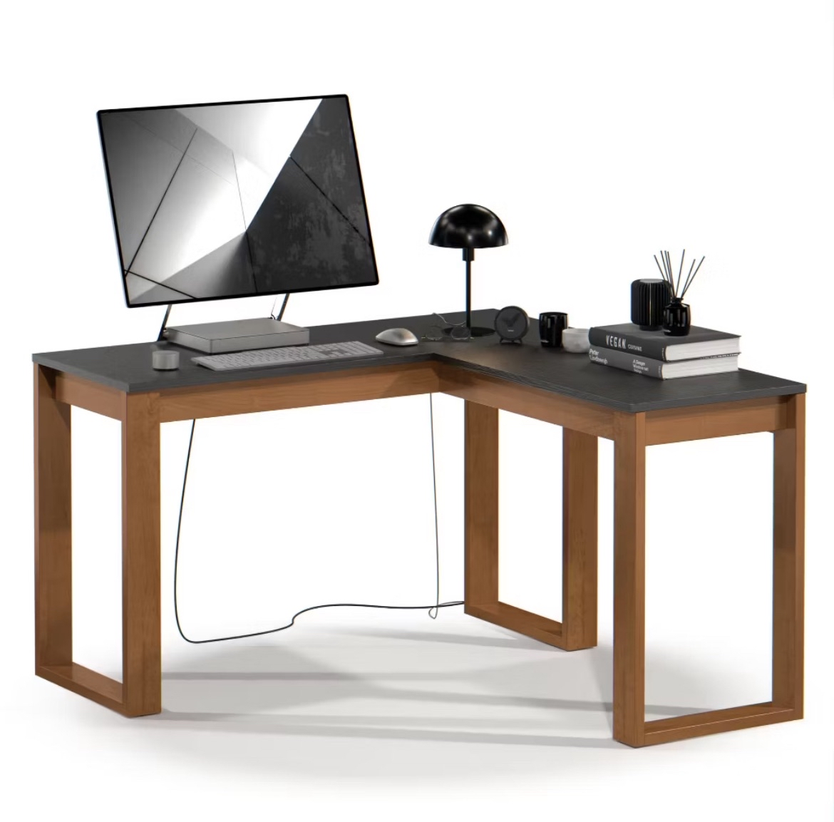 Mesa Escrivaninha de Canto em L Berlim Home Office - 100% MDF Preto/Cinamomo [Design Industrial]