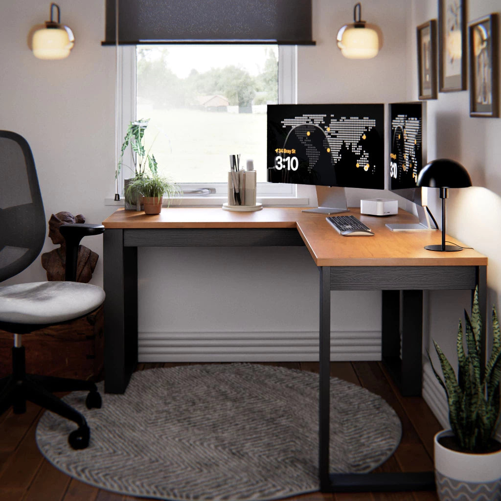Mesa Escrivaninha de Canto em L Berlim Home Office - 100% MDF Preto/Cinamomo [Design Industrial]
