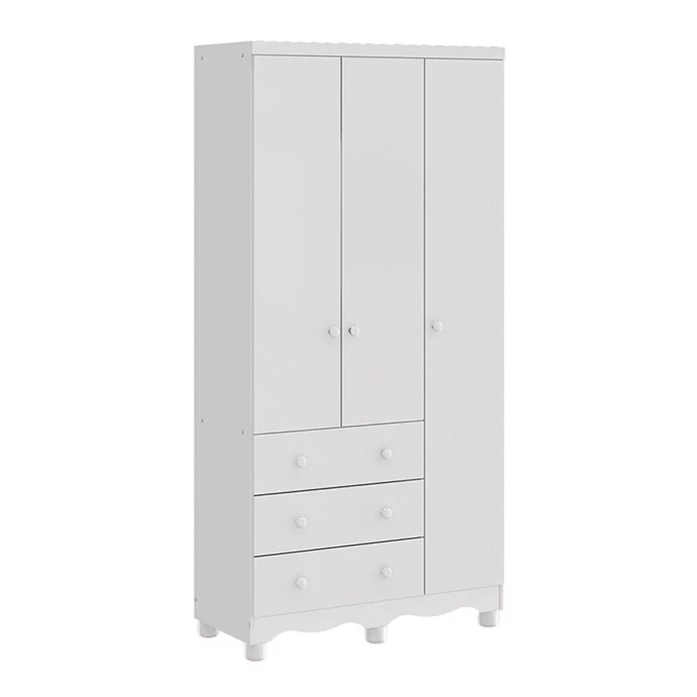 Guarda-Roupa Infantil Mimo 3 Portas e 3 Gavetas - 100% MDF Branco Brilho [Kit Rodapé Duplo]