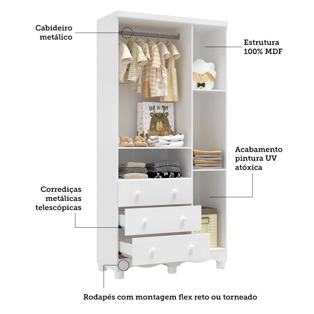 Guarda-Roupa Infantil Mimo 3 Portas e 3 Gavetas - 100% MDF Branco Brilho [Kit Rodapé Duplo]