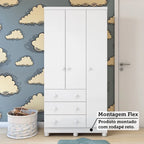 Guarda-Roupa Infantil Mimo 3 Portas e 3 Gavetas - 100% MDF Branco Brilho [Kit Rodapé Duplo]