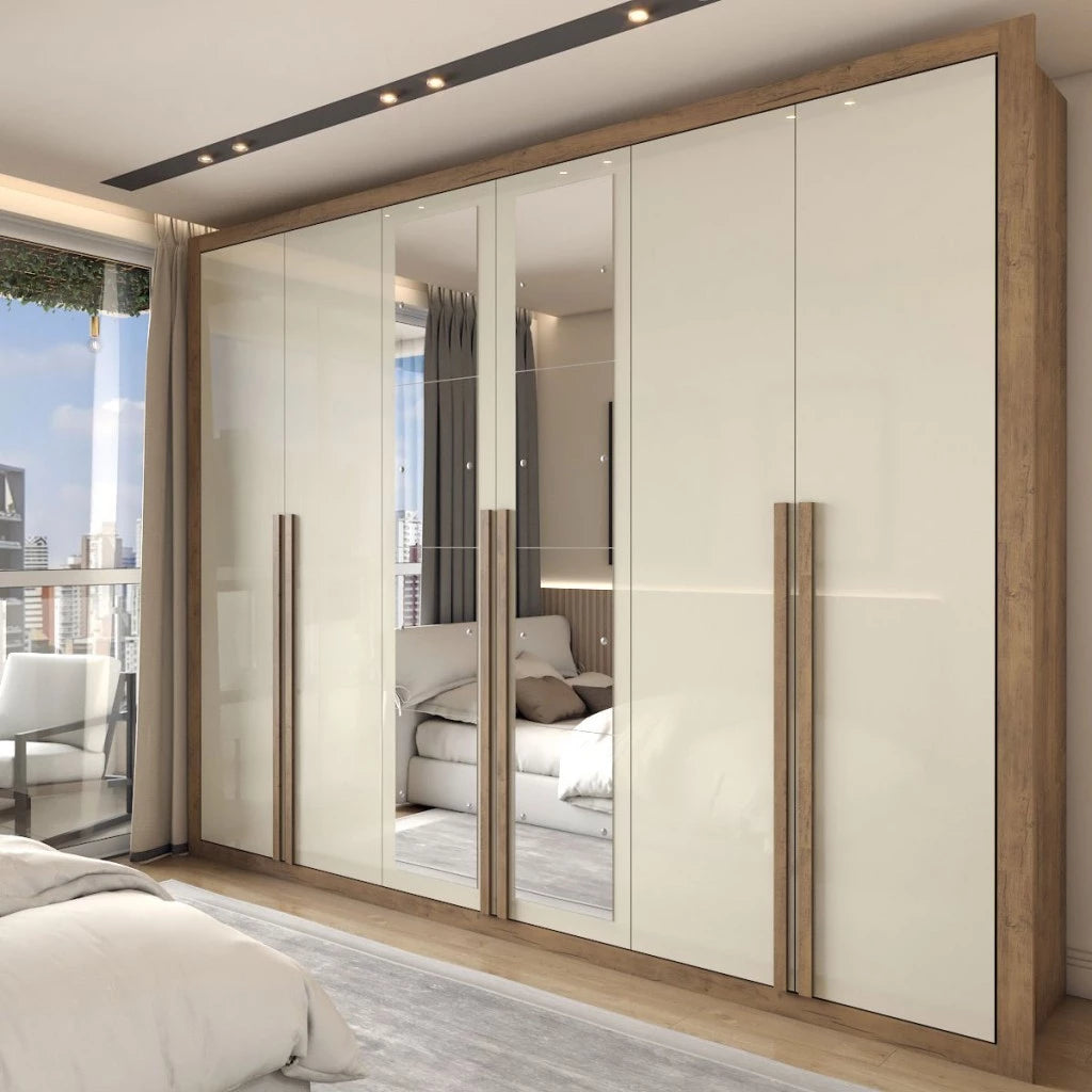 Guarda-Roupa Casal Severo 6 Portas e 6 Gavetas com Espelhos Gigantes - 100% MDF Ipê/Off White [Largura 2.46m]