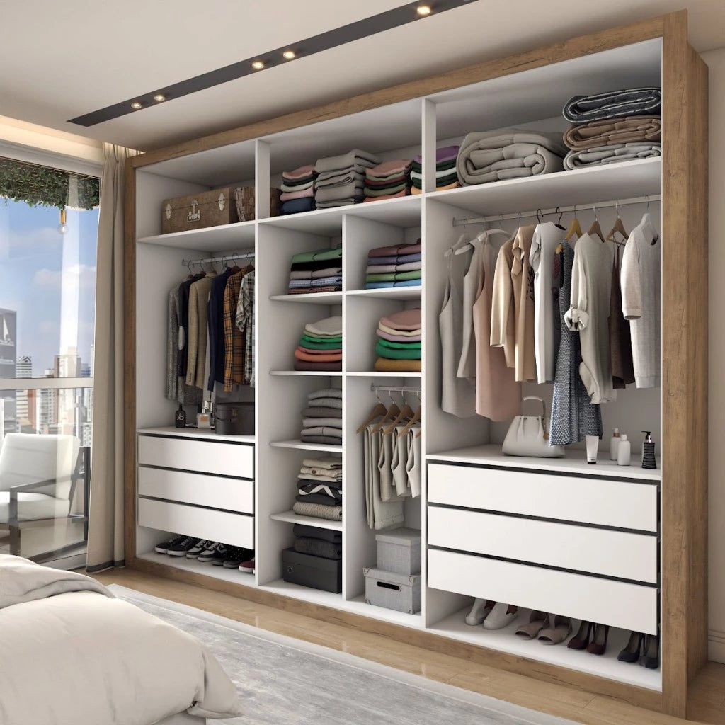 Guarda-Roupa Casal Severo 6 Portas e 6 Gavetas com Espelhos Gigantes - 100% MDF Ipê/Off White [Largura 2.46m]