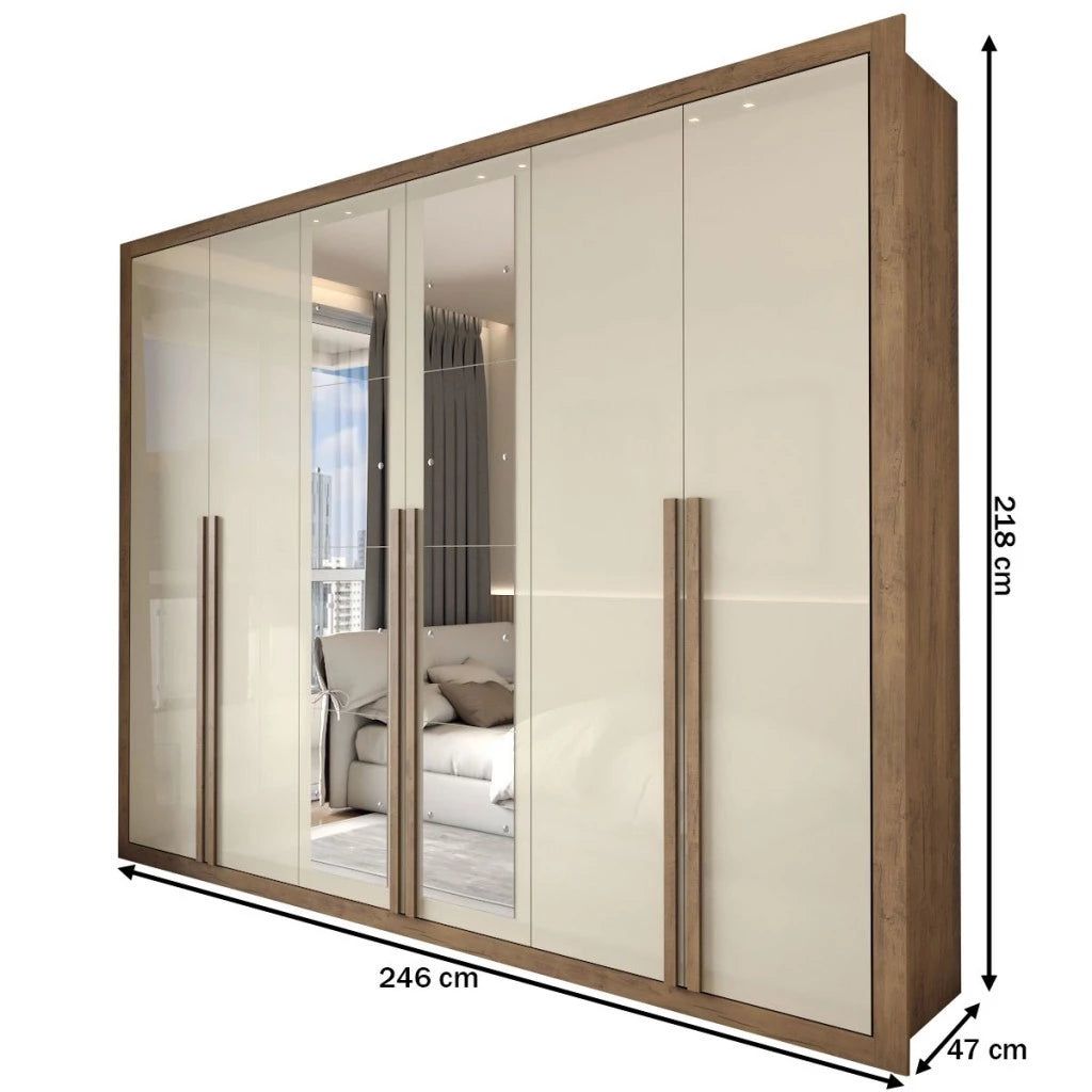 Guarda-Roupa Casal Severo 6 Portas e 6 Gavetas com Espelhos Gigantes - 100% MDF Ipê/Off White [Largura 2.46m]