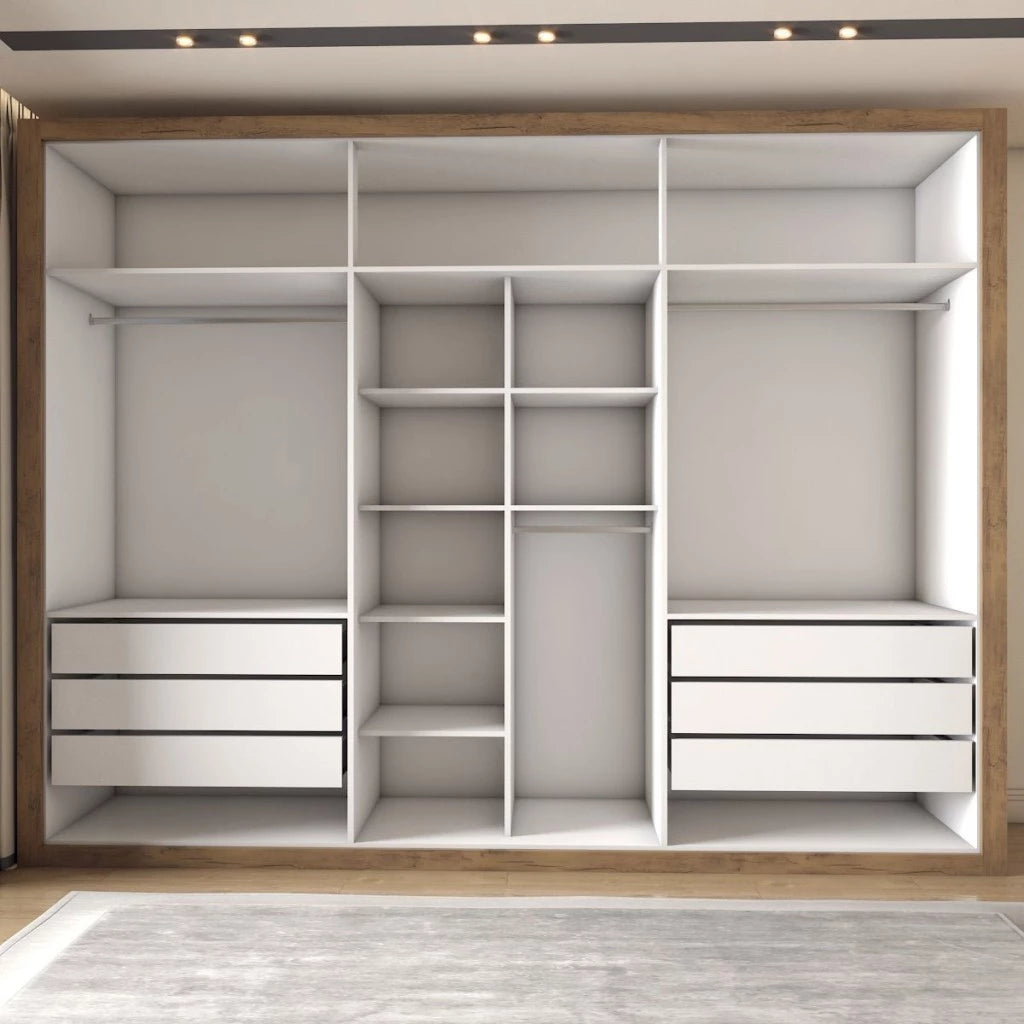 Guarda-Roupa Casal Severo 6 Portas e 6 Gavetas com Espelhos Gigantes - 100% MDF Ipê/Off White [Largura 2.46m]