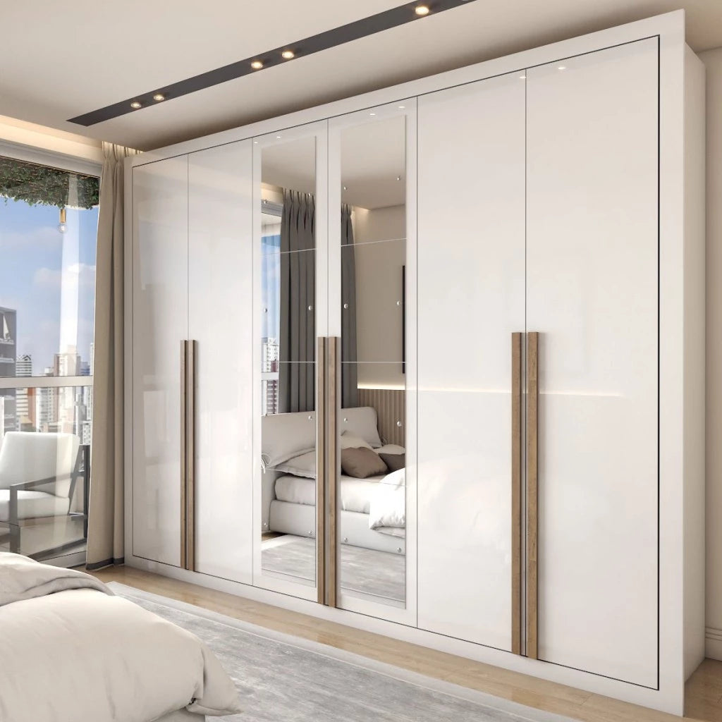 Guarda-Roupa Casal Severo 6 Portas e 6 Gavetas com Espelhos Gigantes - 100% MDF Ipê/Off White [Largura 2.46m]