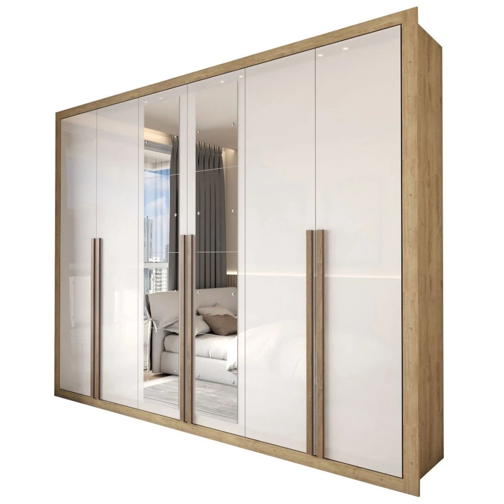 Guarda-Roupa Casal Severo 6 Portas e 6 Gavetas com Espelhos Gigantes - 100% MDF Ipê/Off White [Largura 2.46m]