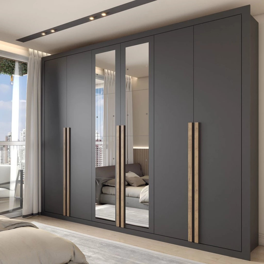 Guarda-Roupa Casal Severo 6 Portas e 6 Gavetas com Espelhos Gigantes - 100% MDF Ipê/Off White [Largura 2.46m]