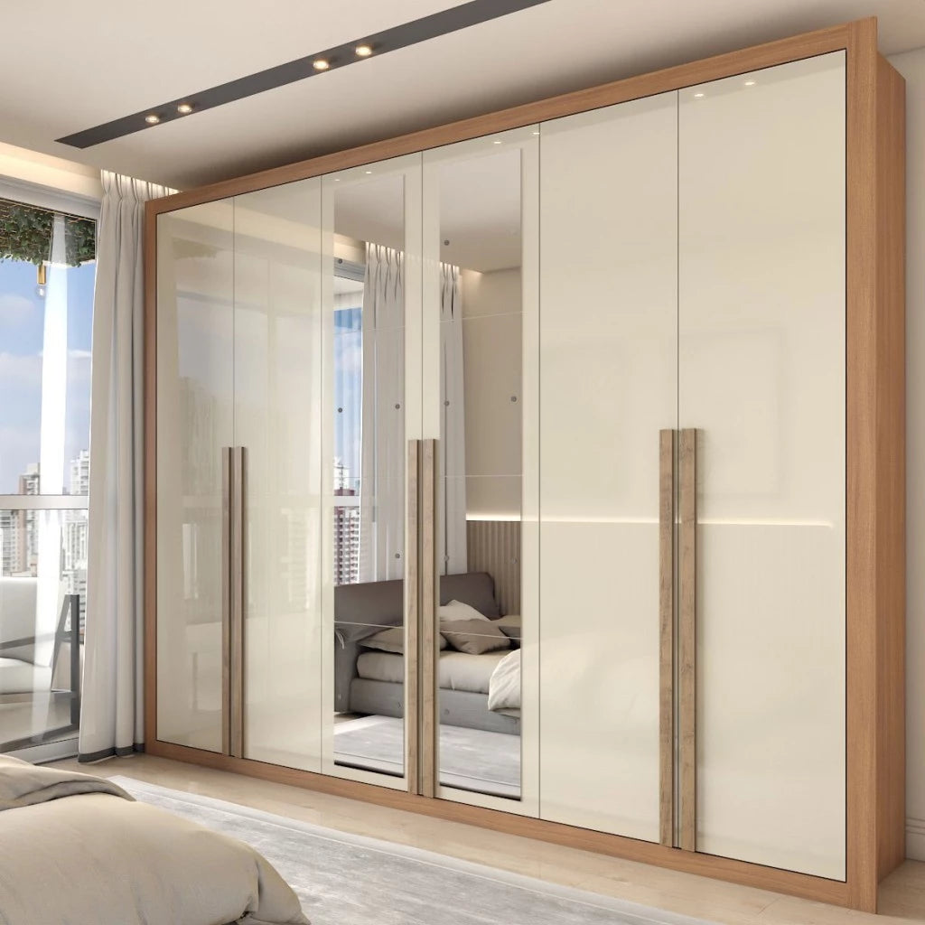 Guarda-Roupa Casal Severo 6 Portas e 6 Gavetas com Espelhos Gigantes - 100% MDF Ipê/Off White [Largura 2.46m]