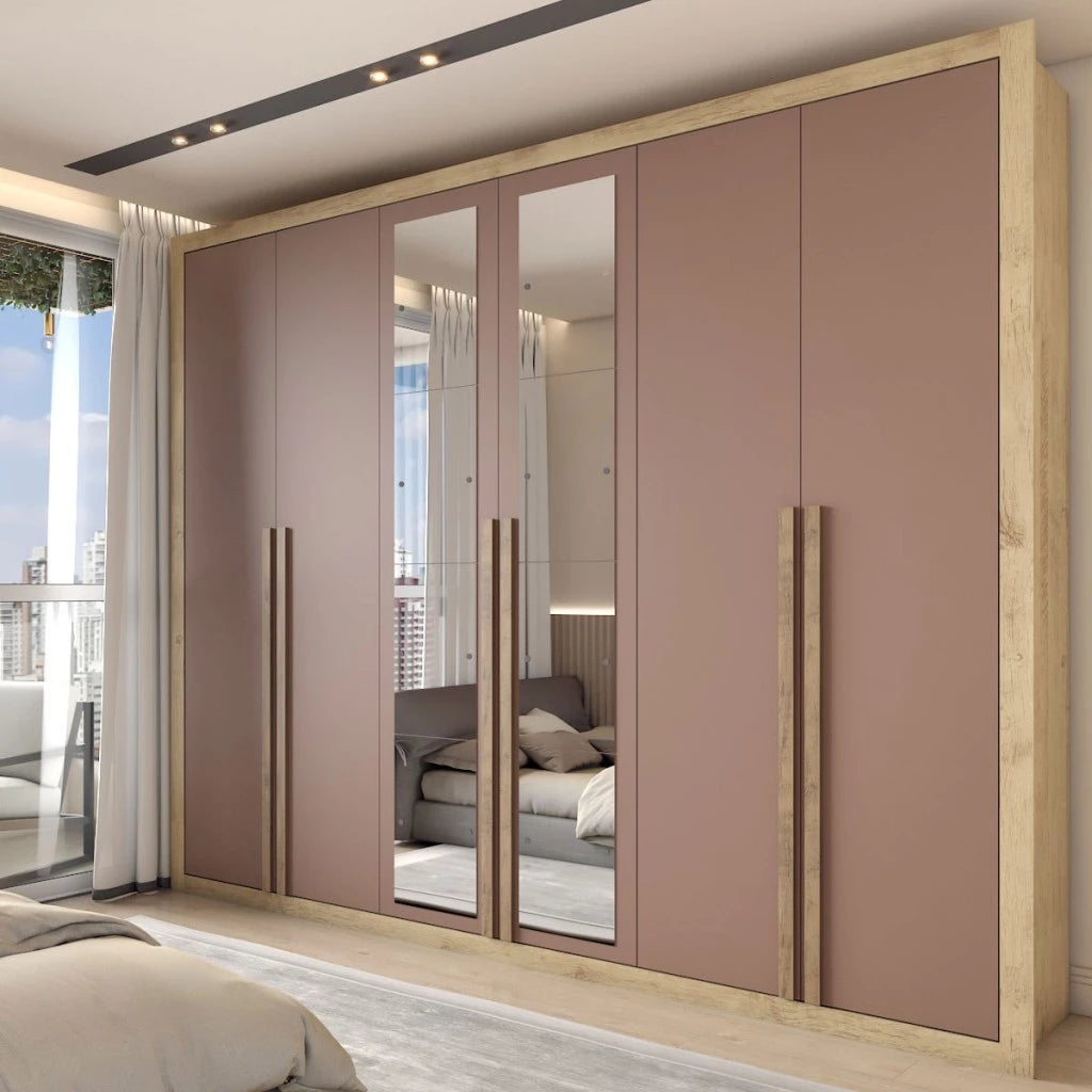 Guarda-Roupa Casal Severo 6 Portas e 6 Gavetas com Espelhos Gigantes - 100% MDF Ipê/Off White [Largura 2.46m]