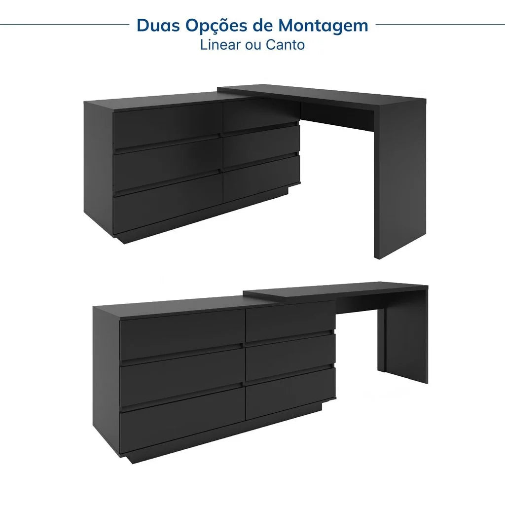 Escrivaninha em L ou Reta 140cm 6 Gavetas Preto [PROMOÇÃO]