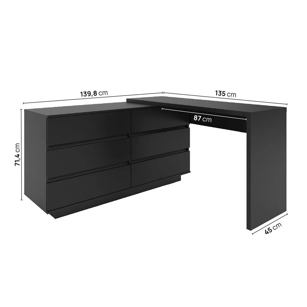 Escrivaninha em L ou Reta 140cm 6 Gavetas Preto [PROMOÇÃO]