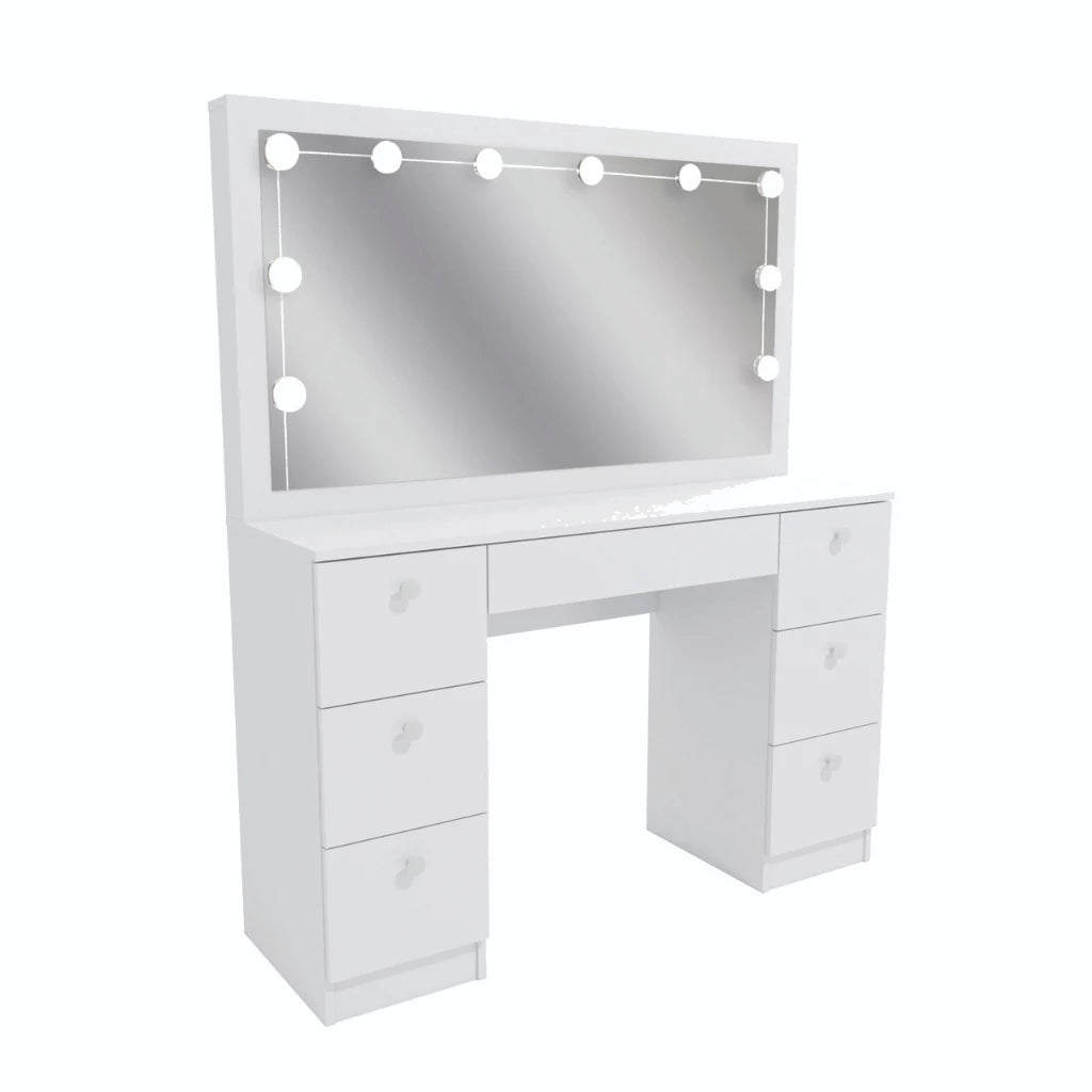 Penteadeira Camarim 7 Gavetas com Espelho e Kit LED Profissional - 100% MDF Branco [Iluminação 3 Tons]