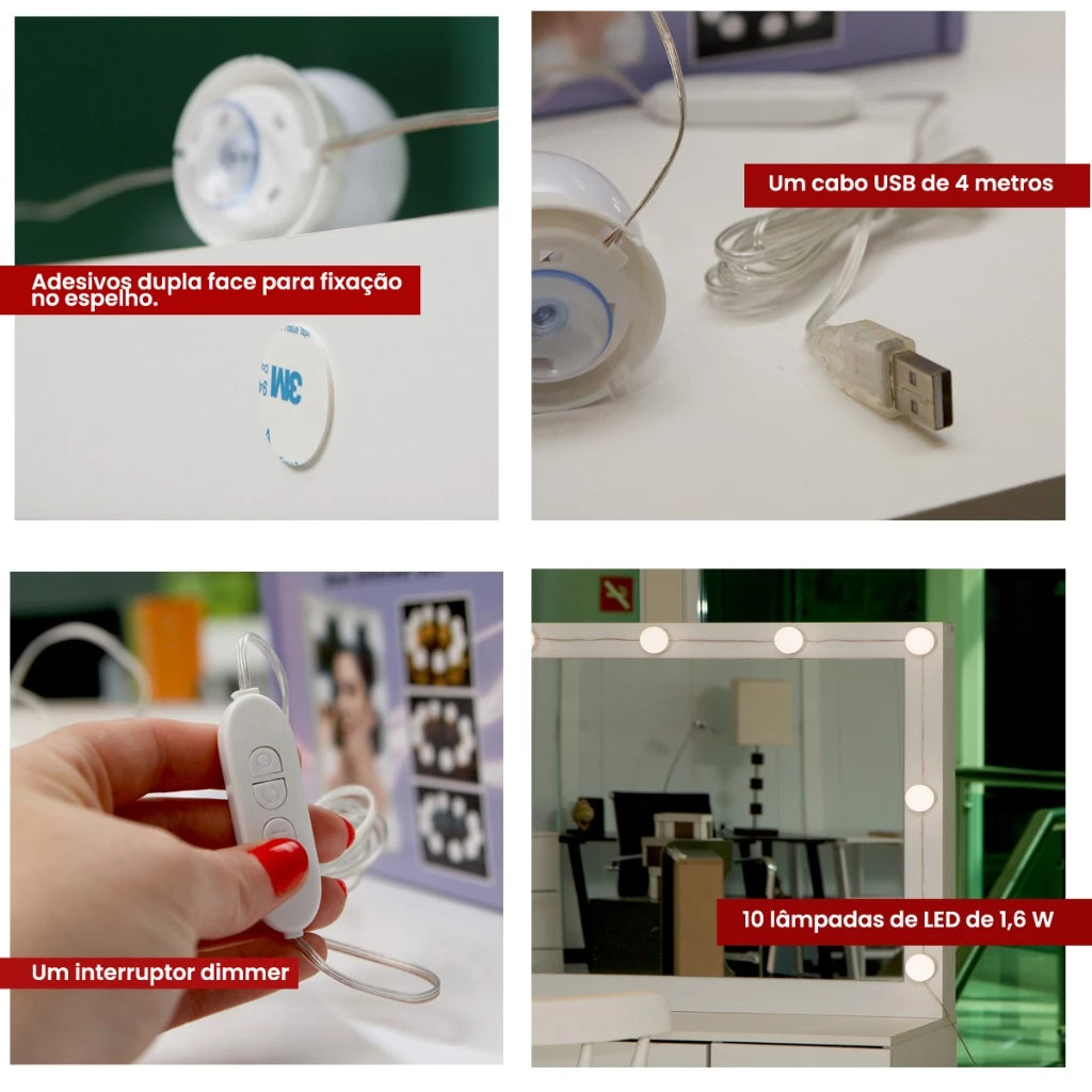 Penteadeira Camarim 7 Gavetas com Espelho e Kit LED Profissional - 100% MDF Branco [Iluminação 3 Tons]